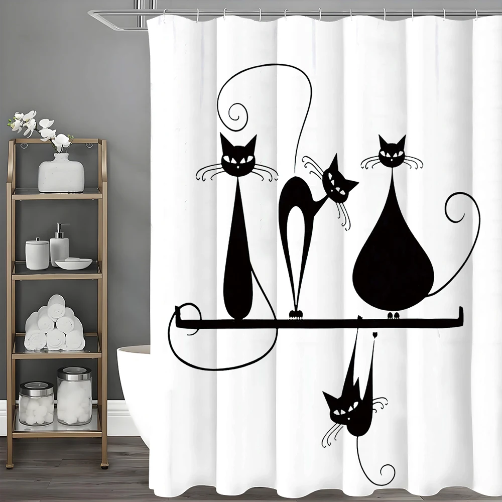 

Black Cartoon Cat Shower Curtain, Bathroom Decorative Shower Curtain, Waterproof Shower Curtain with Hooks