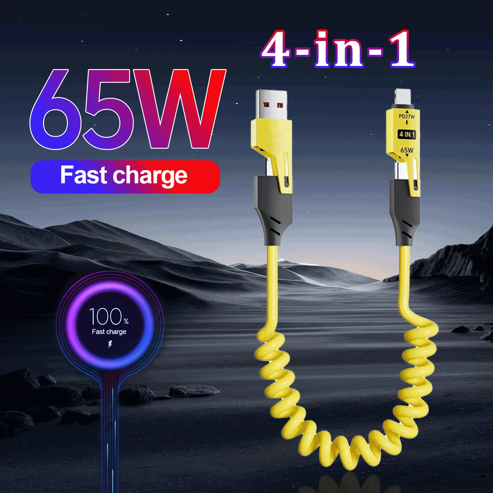 4 in 1 65W Spring Short Data Cable USB Type C Spring Telescopic Quick Charger Wire Spring USB Cable for iPhone 15 14 13 12