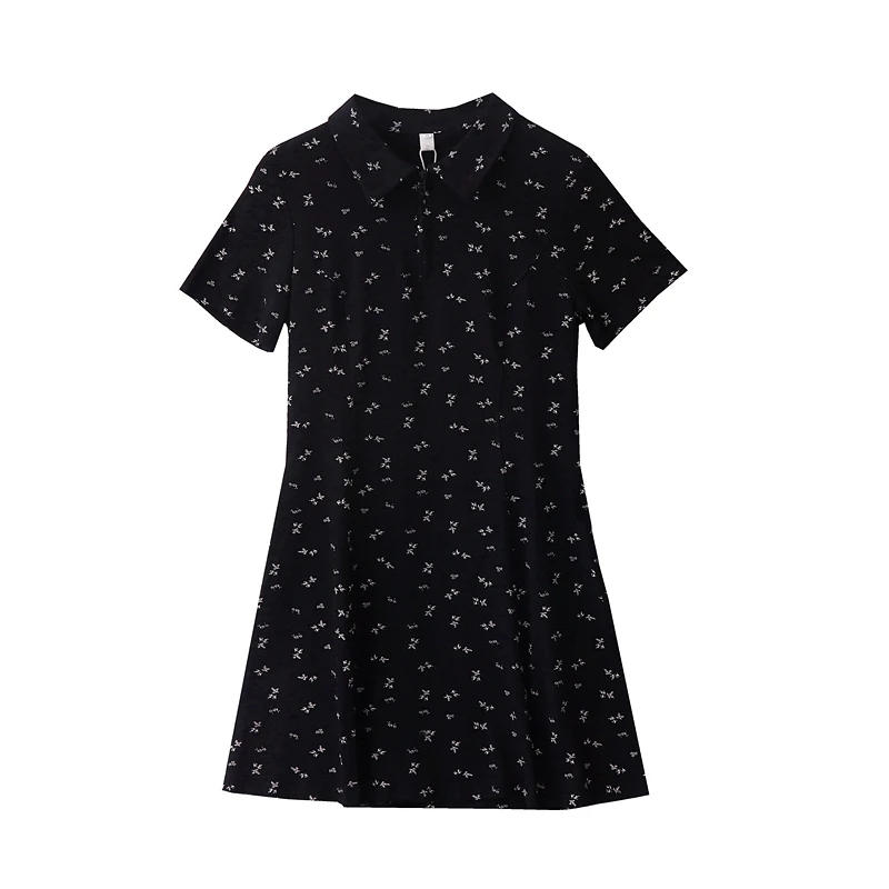 Women's Korean College Style Small Floral Half-zip Polo Collar Short-sleeved Dresses Lady Summer Age-reducing Slim Short Dress