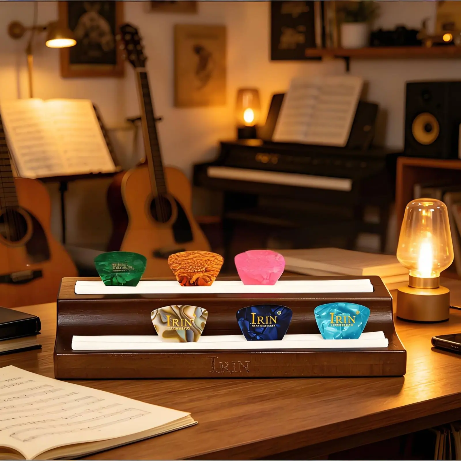 

Wooden Guitar Pick Holder Engraved Logo Guitar Pick Display Box Musical Accessory Multi-Slot Storage Portable for Music Teachers