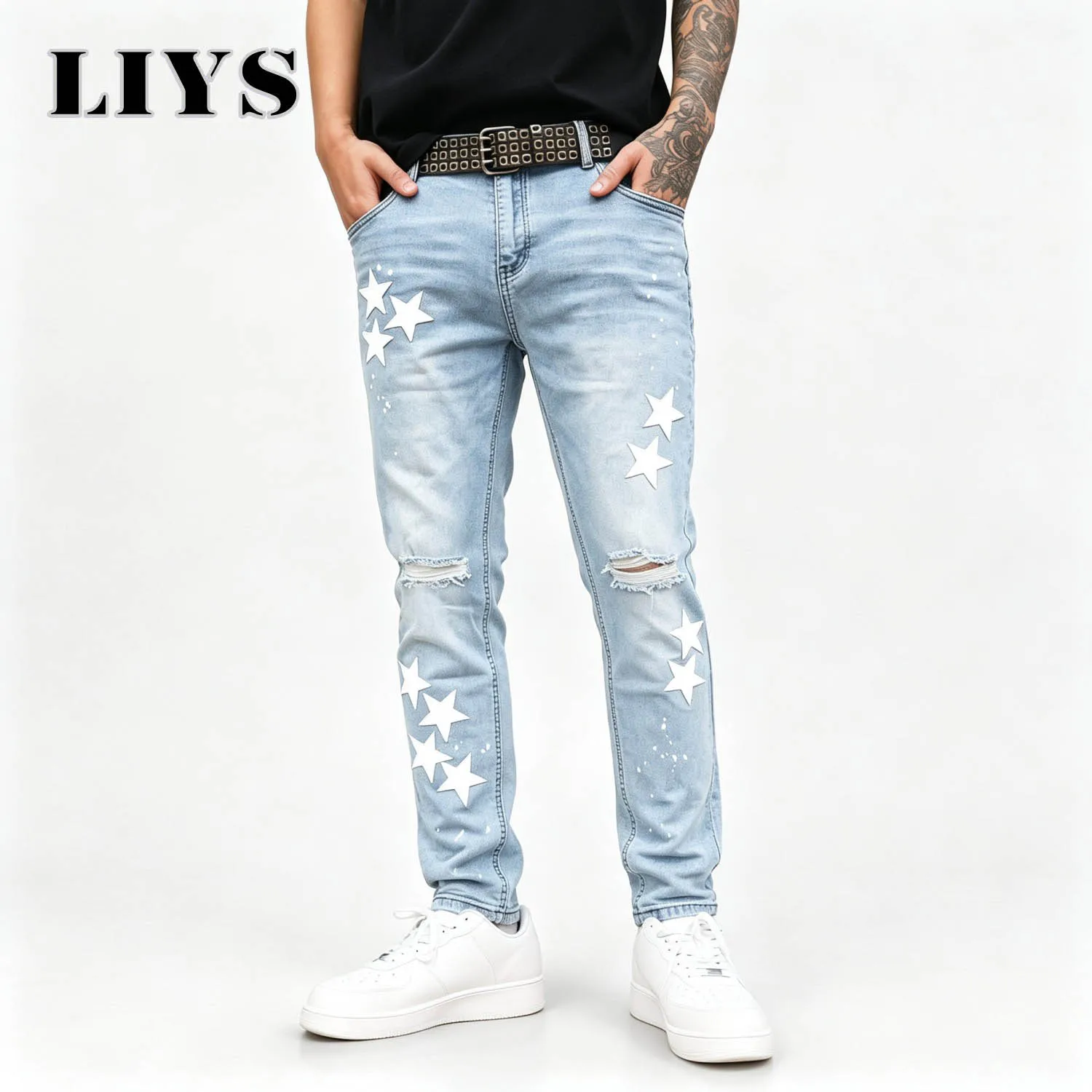 Men's Slim Fit Jeans Light Blue Star Print Ripped Distressed Slim Leg Denim Pants No Stretch Streetwear Y2K Casual Trousers