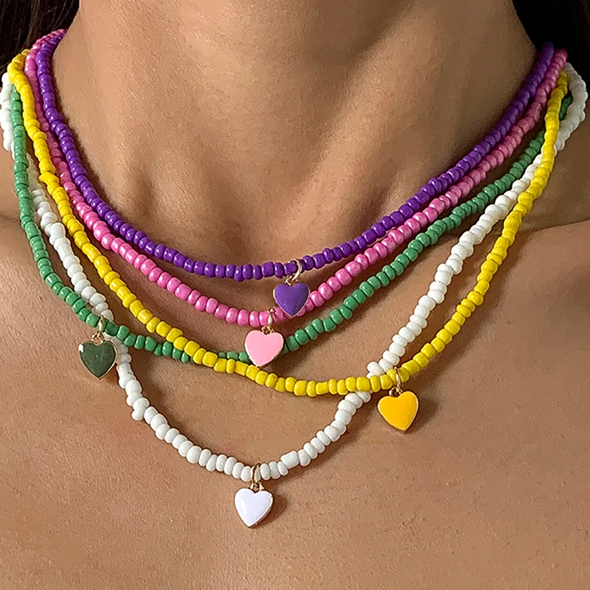 Colorful Seed Bead Heart Enamel Pendant Necklace Single Layer Sweet Cool Country Style for Women Office Casual Wear