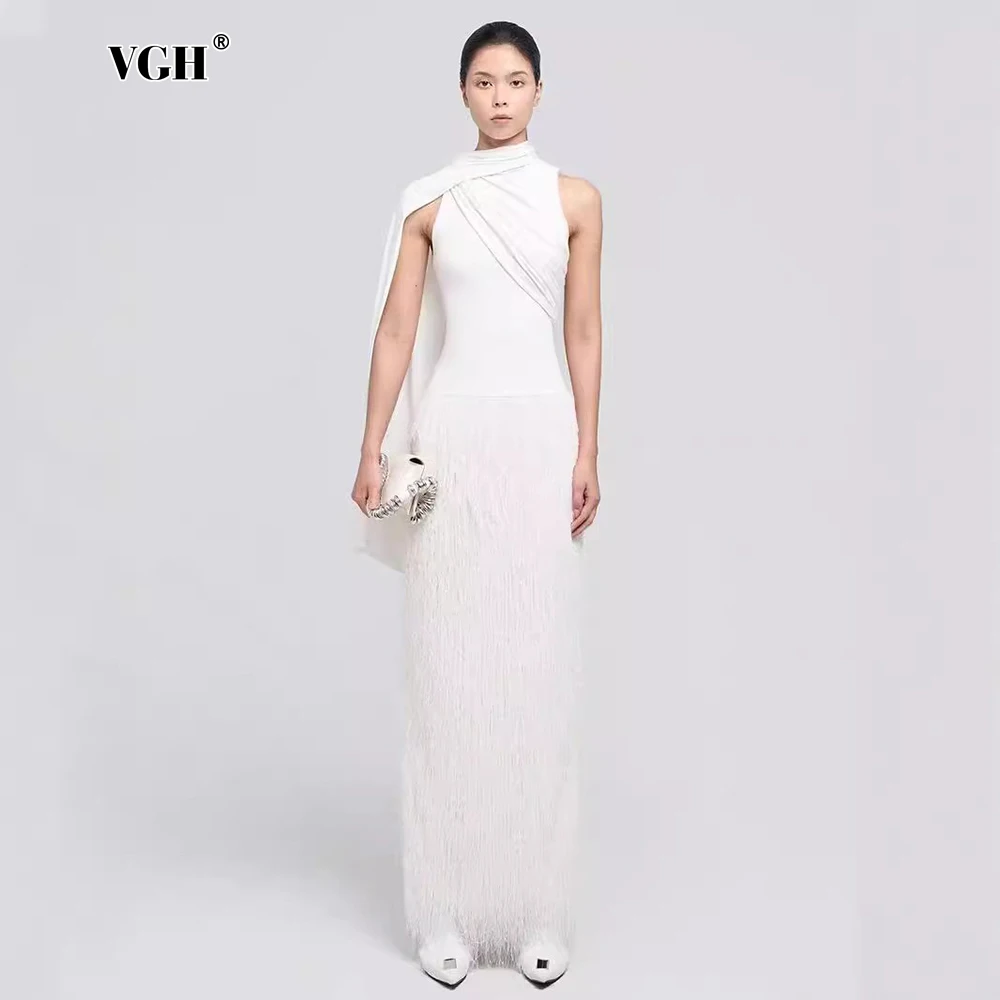 VGH Temperament Patchwork Tassel Long Dresses For Women Scarf Collar One Shoulder Sleeve High Waist Folds Slim Dress Female New