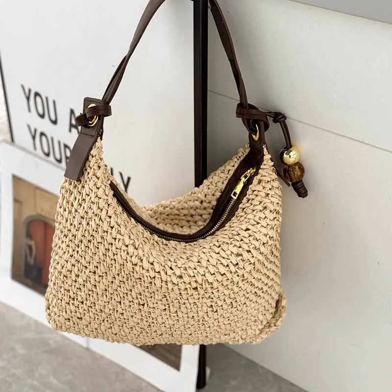 

Handmade Braid Straw Bag Large Capacity Summer Beach Shoulder Bag Women Girls Fashion Handbag Rattan Woven Tote Bag for Ladies