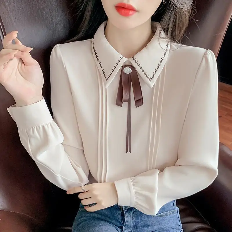 Women Clothes Preppy Style Bow Solid Color Chiffon Blouse Office Lady Turn-down Collar Long Sleeve Autumn Shirring Pullover Tops