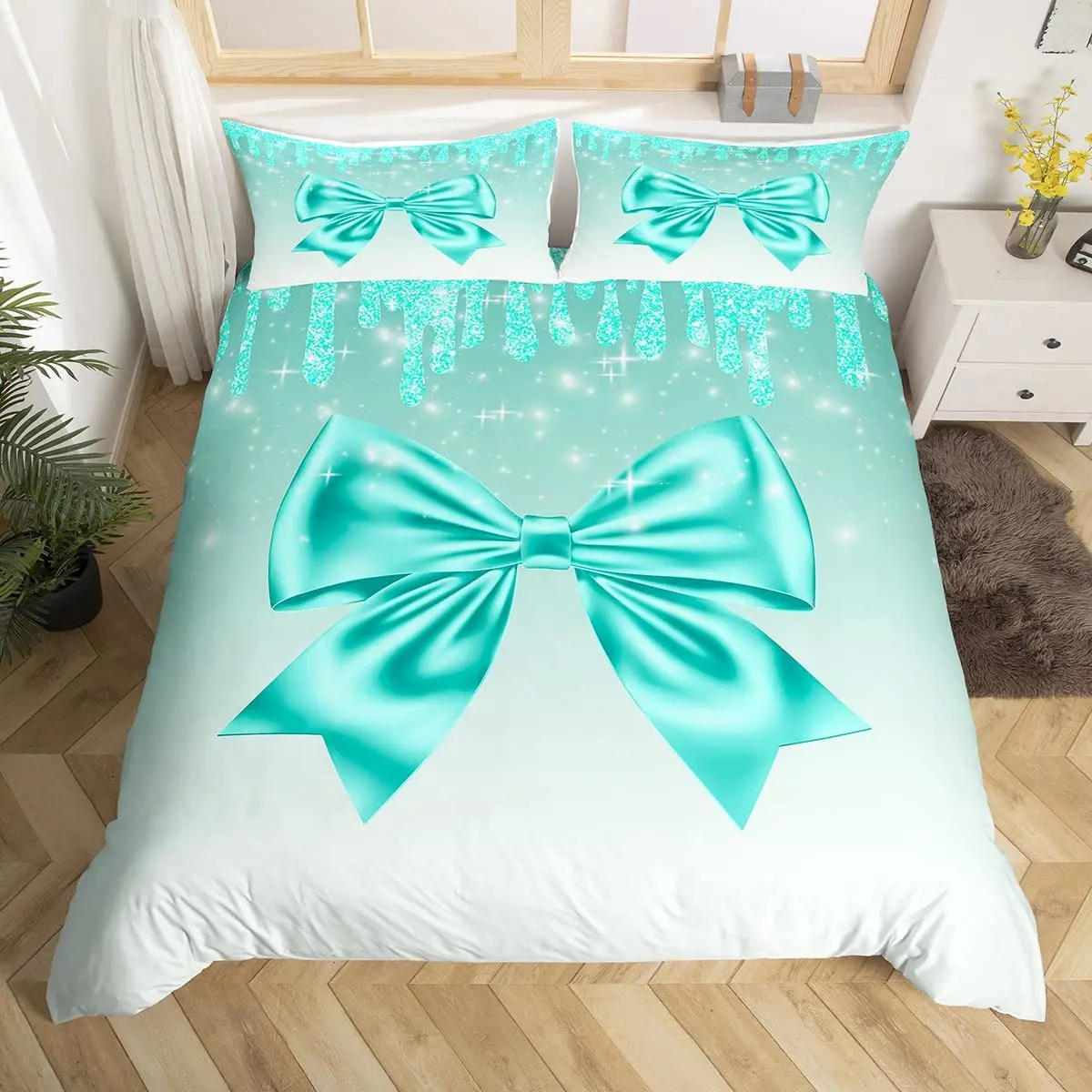 Bowknot Kids Duvet Cover Teal Gradient Glitter Dreamy Comforter Cover Bow Tie Glamorous Quilt Cover,Romantic Girlish Bedding Set