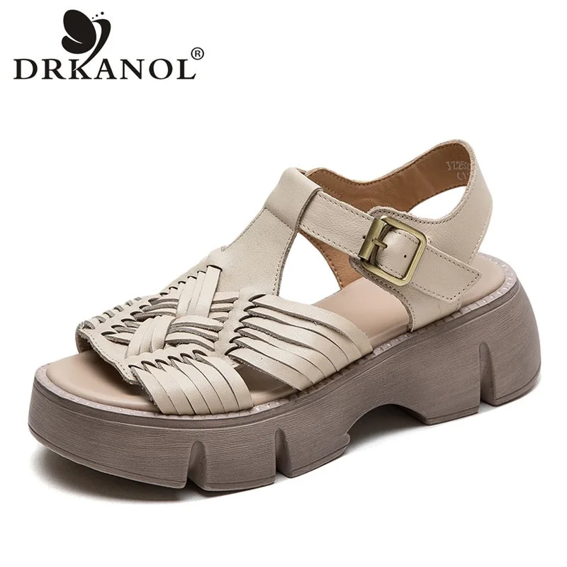 DRKANOL 2024 Retro Summer Shoes Women Wedges Heel Sandals Handmade Woven Genuine leather Chunky Platform Casual Roman Sandals