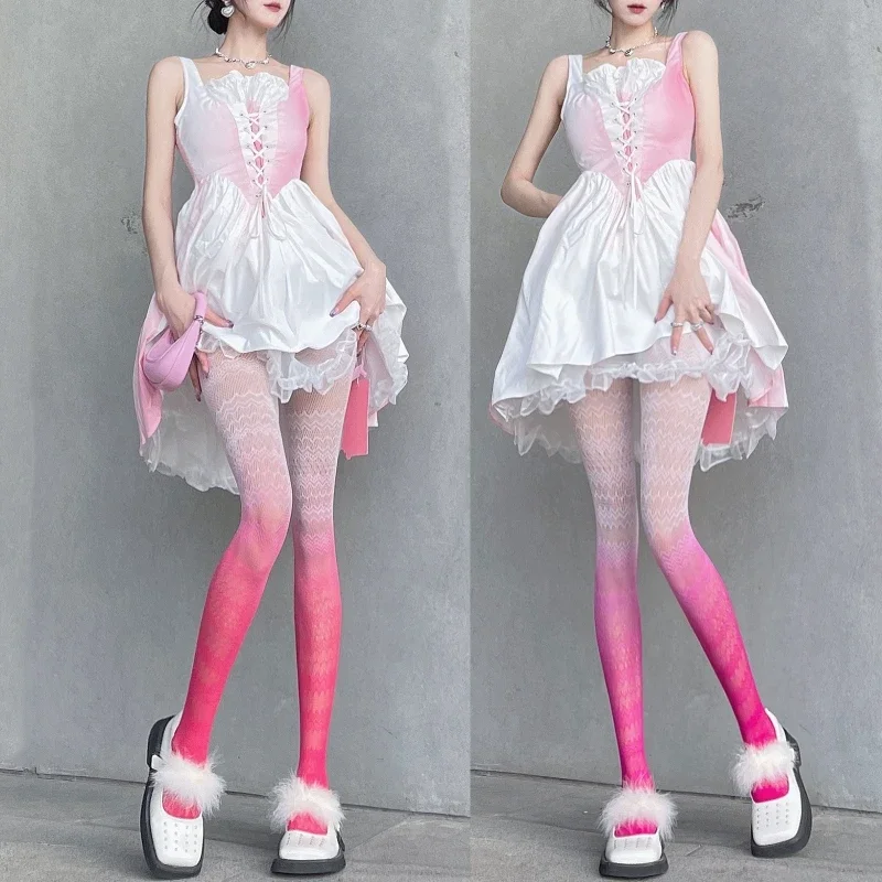 

Women Gothic Sweet Hollow Out Lace Pantyhose Harajuku Gradient Colorful Thin Tights Crochet Water Ripple Stripe Stocking