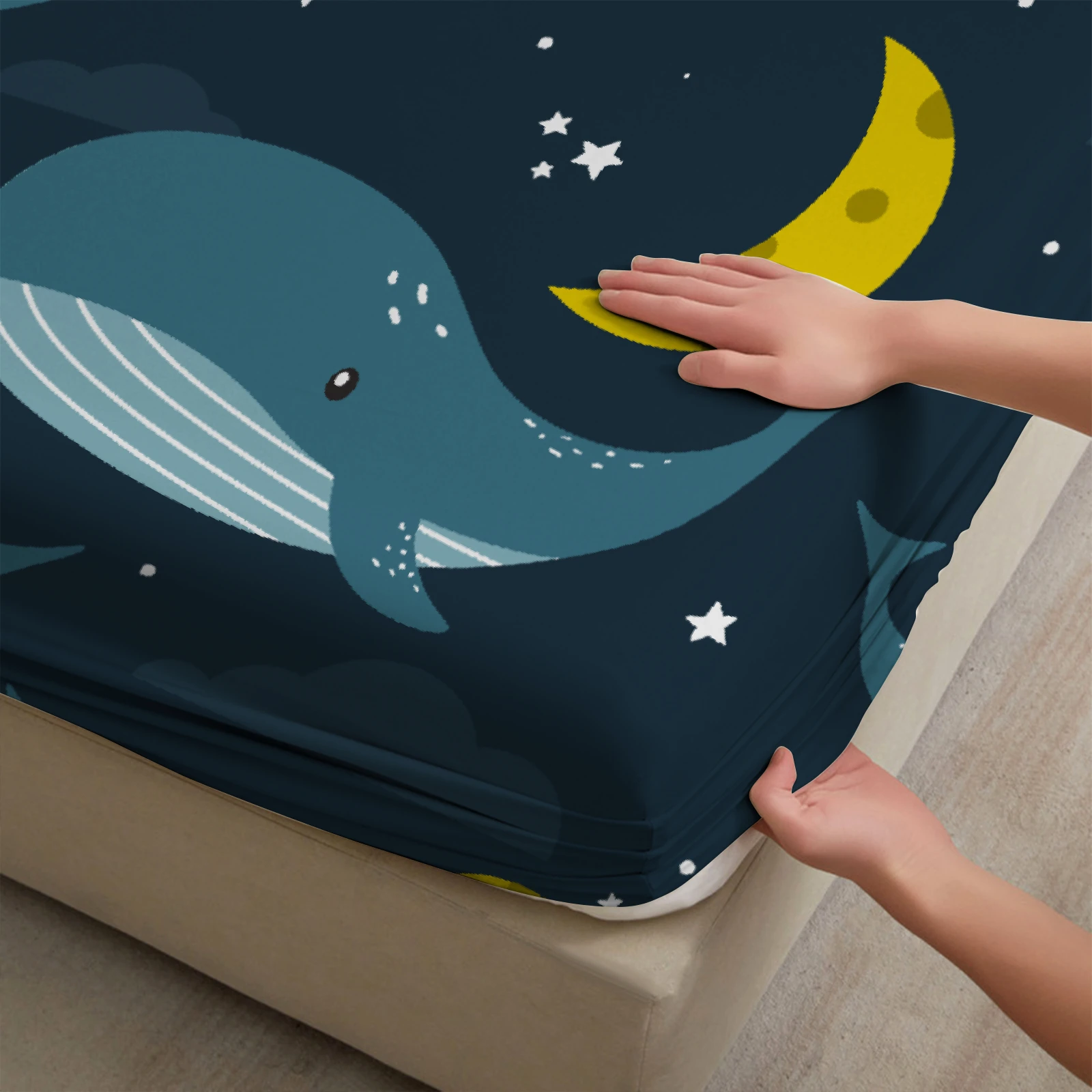 3pcs Fitted Sheet Set Whales Moons Stars Night Sky Wrinkle Resistant Breathable Bed Sheet With Pillowcases For Bedroom Decor