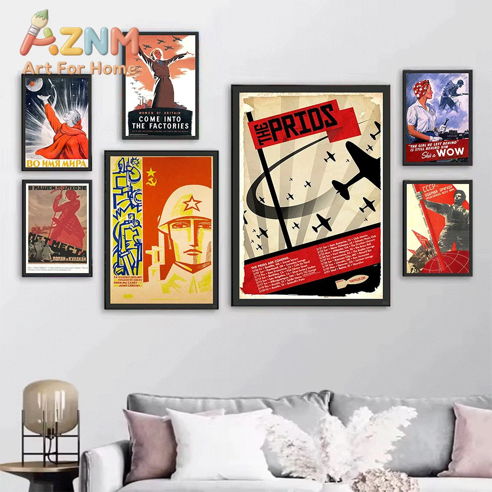 Soviet Retro Futurism Sci-fi City Collage Canvas Wall Art, USSR Hammer and Sickle Propaganda Print, Unframed Canvas Painting f