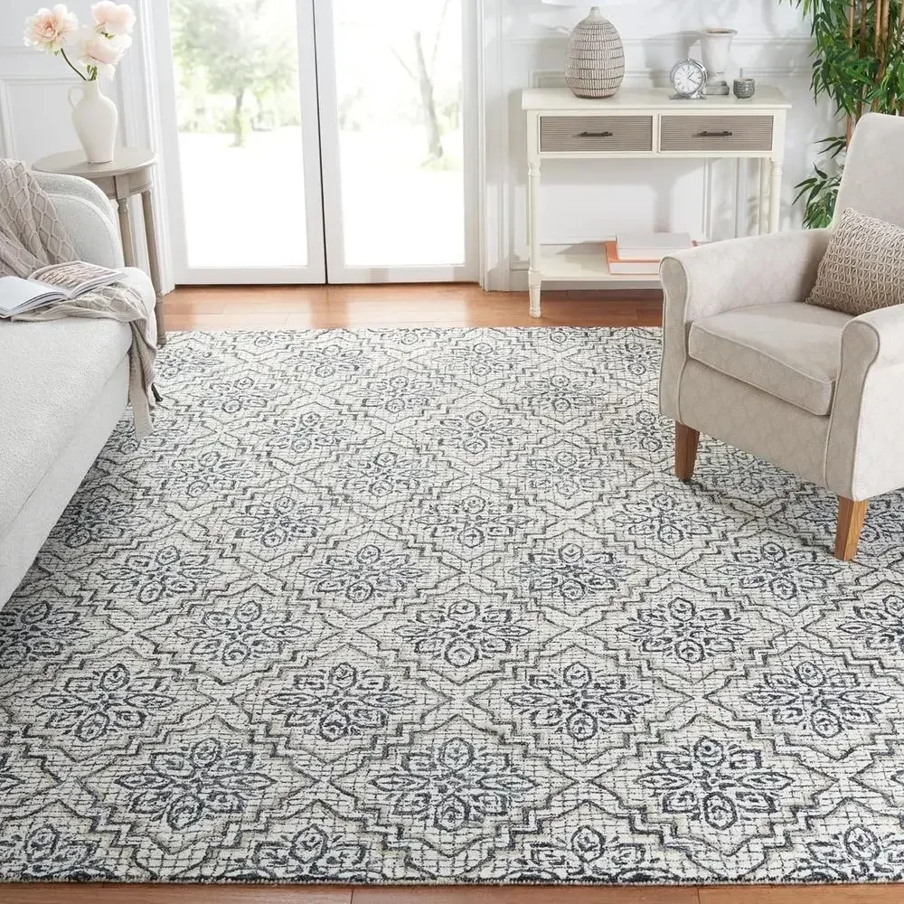 Large 8x10 Abstract Wool Area Rug - Ivory & Navy, Perfect for Living Room, Bedroom, Office, Dining Area
