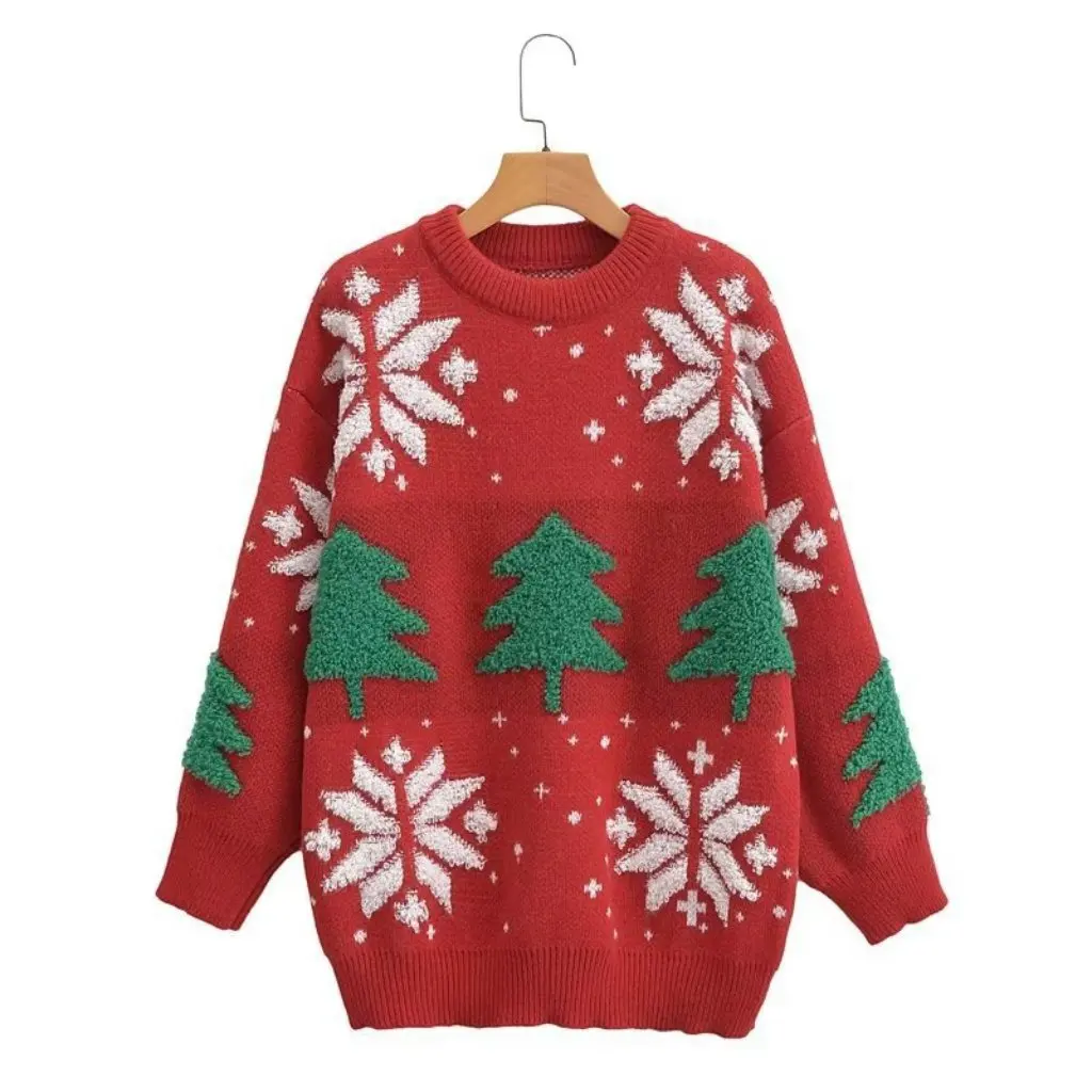 

Autumn Winter Street Fashion Loose Urban Casual Christmas Tree Print Pullover Sweater All-match Short Sleeve Women's Top
