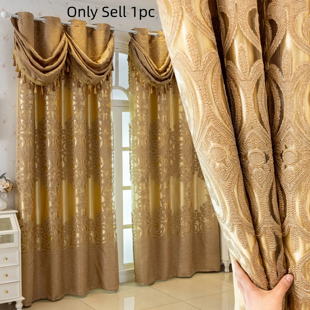 1pc Neo-Classical Gold Jacquard Curtains, Grommet Top Double Layer Blackout With Valance For Living Room