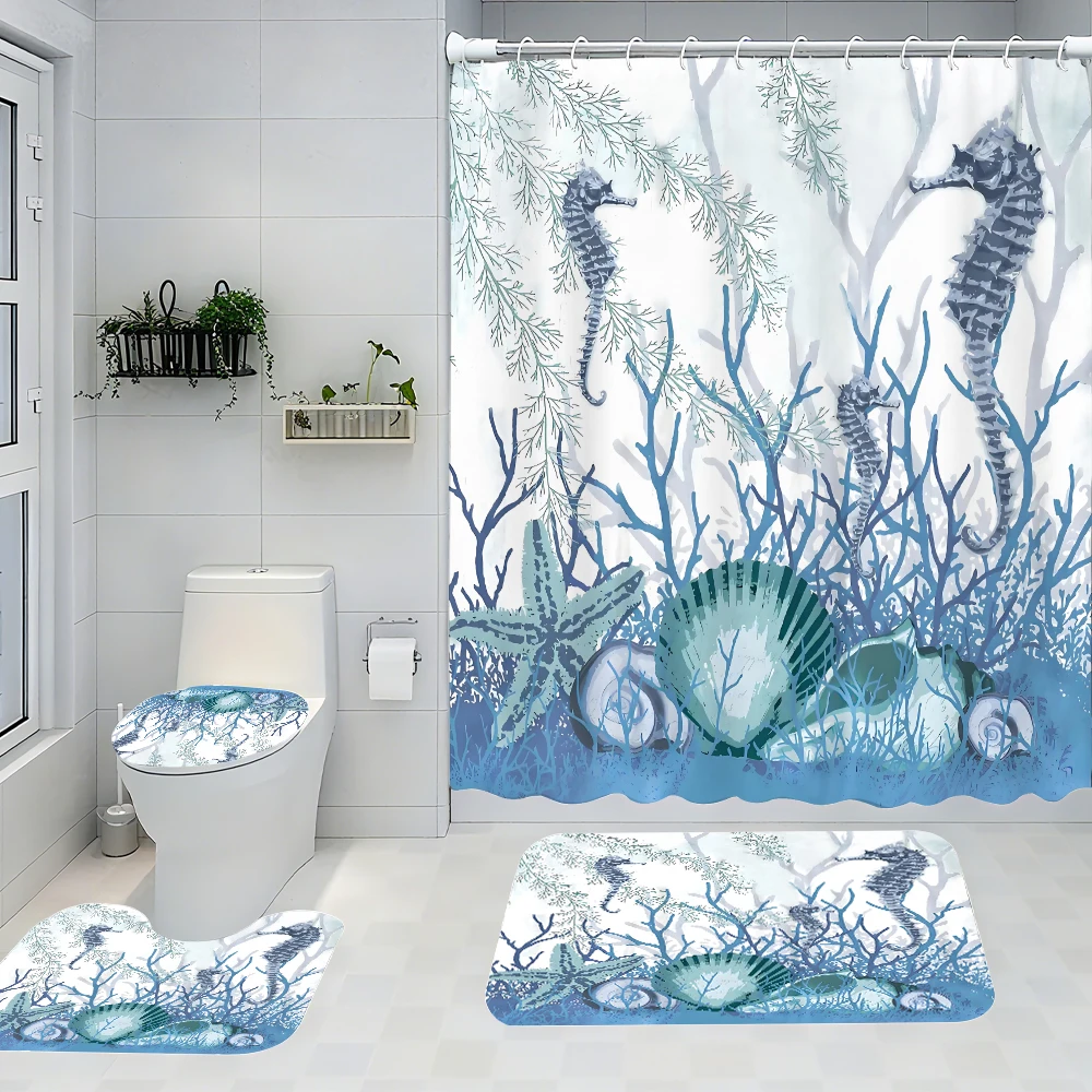 

4pc Seahorse bath Curtain Set, 2D flat printed bathroom partition curtains, modern home curtain decoration