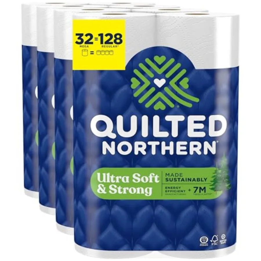 Ultra Soft and Strong Toilet Paper, 32 Mega Rolls = 128 Regular Rolls, 5X Stronger*, Premium Soft Toilet Tissue