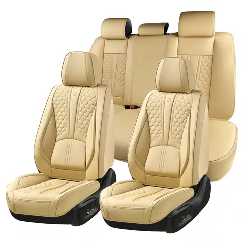 Beige Luxury Leather Car Seat Covers | Universal Fit for Sedans/SUVs/Trucks | Premium Genuine Leather, Anti-Slip & Easy Clean