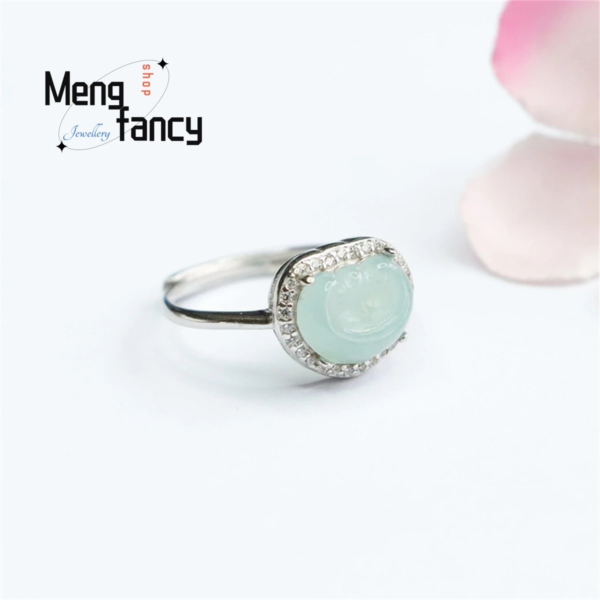 Natural S925 Silver Inlaid Jadeite Ice Blue Water Ruyi Ring Elegant Personalized Fashion Versatile Exquisite Luxury Fine Jewelry