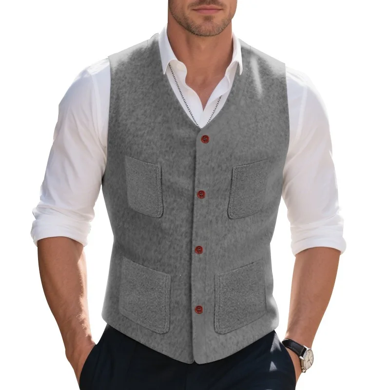 Four Seasons Trend Casual Men's Slim Fit Business Wool Single-breasted Outer Vest