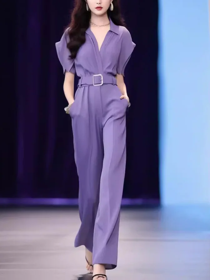 

Повседневный фиолетовый комбинезон для женщин: элегантные брюки с высокой талией и широкими штанинами, летняя коллекция 2025, новая модная модель.