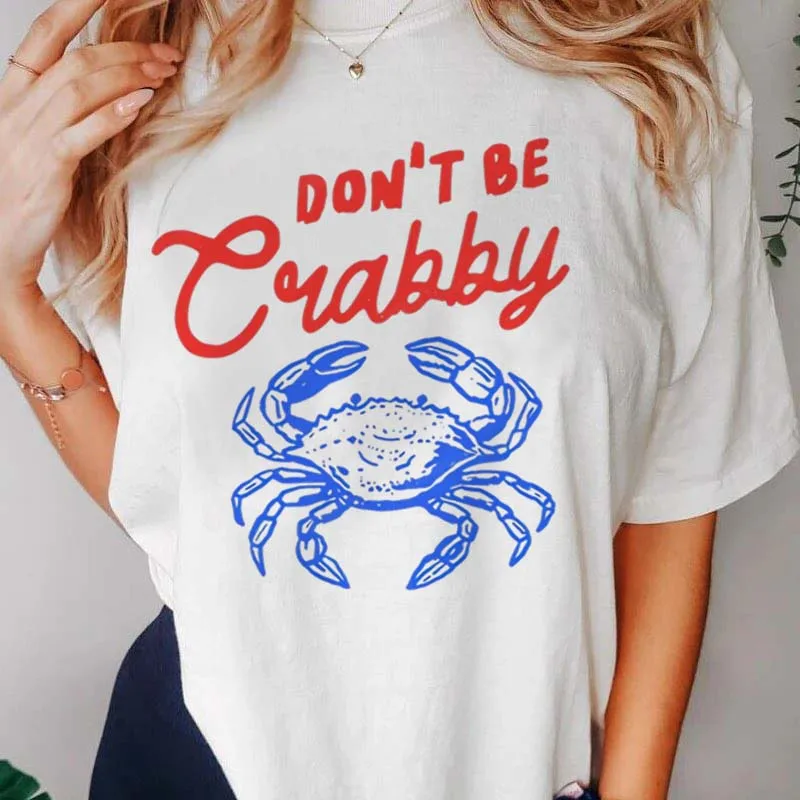 

Женская футболка с мультяшным принтом краба и коротким рукавом, повседневный белый топ, новая женская модная футболка в стиле пляжного отдыха