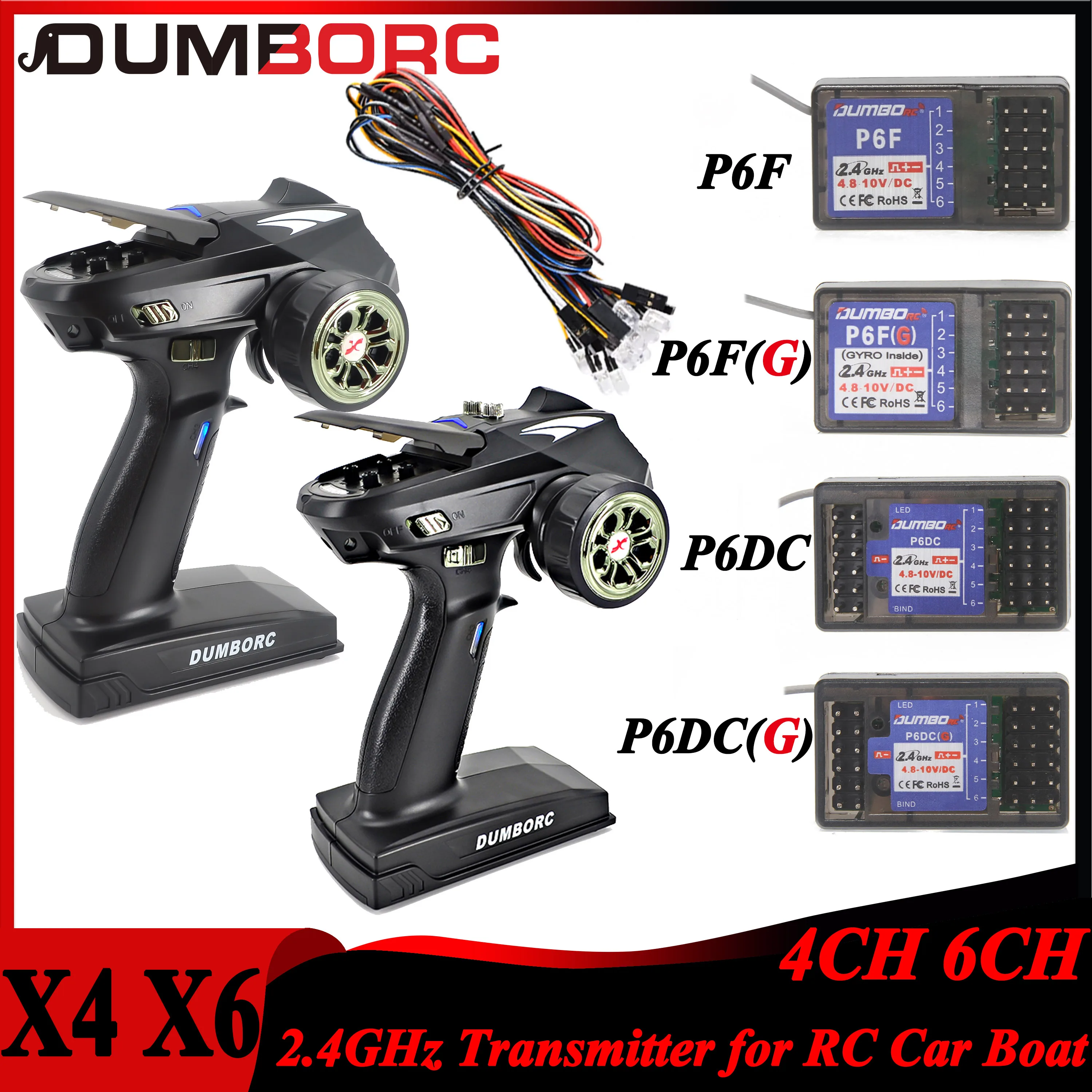 

DUMBORC X6 X4 6CH 4CH 6 Channel 2.4GHz Remote Control P6FG X6DCG Gyro Receiver Transmitter for 1/10 1/8 RC Car Boat Axial SCX10