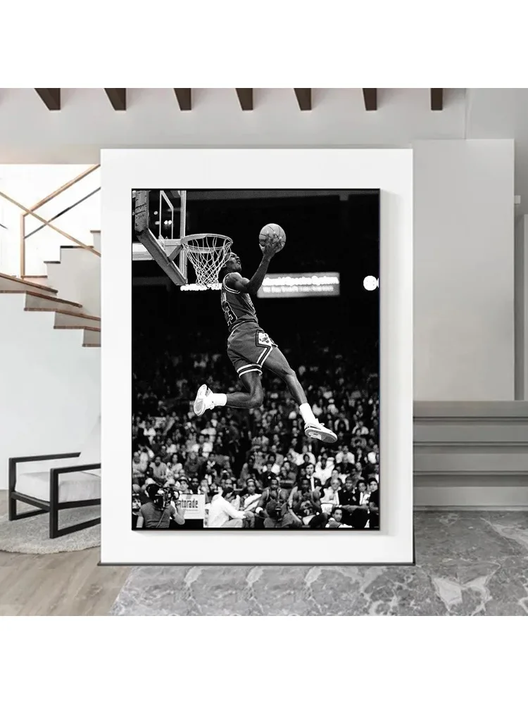 Affiche et image d'action classique étoile de basket-ball noir et blanc, Micheal Jordan Dunk Layup, peinture sur toile d'art mural, décoration de maison