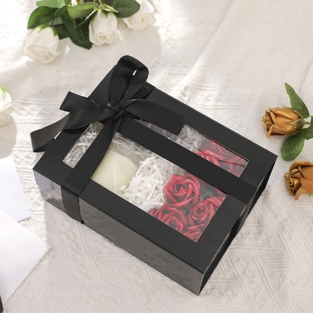 Black White Gift Boxes with Windows Clear for Presents Contain Ribbons Card Groomsmen Proposal Boxes Gift Box with Magnetic Lids