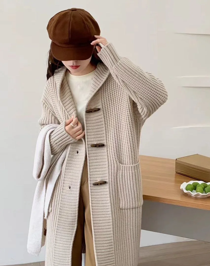 

Women's Clothing New Korean style loose coat knitted cardigan versatile mid-length hooded sweater No.2