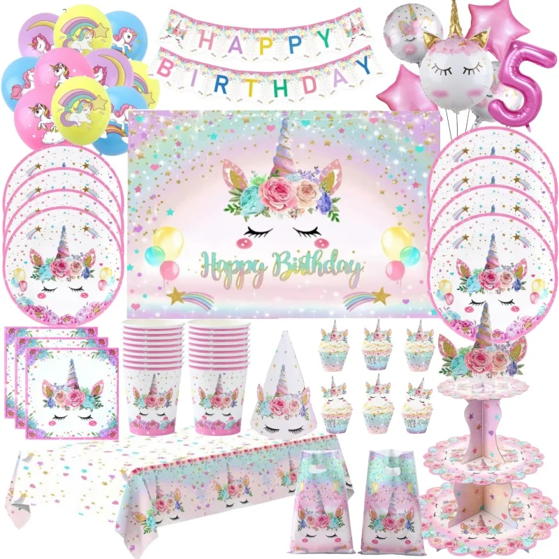 

Rainbow Unicorn Disposable Tableware 1st Balloon Birthday Party Decorations Kid Unicorn Theme Wedding Baby Shower Girl Supplies