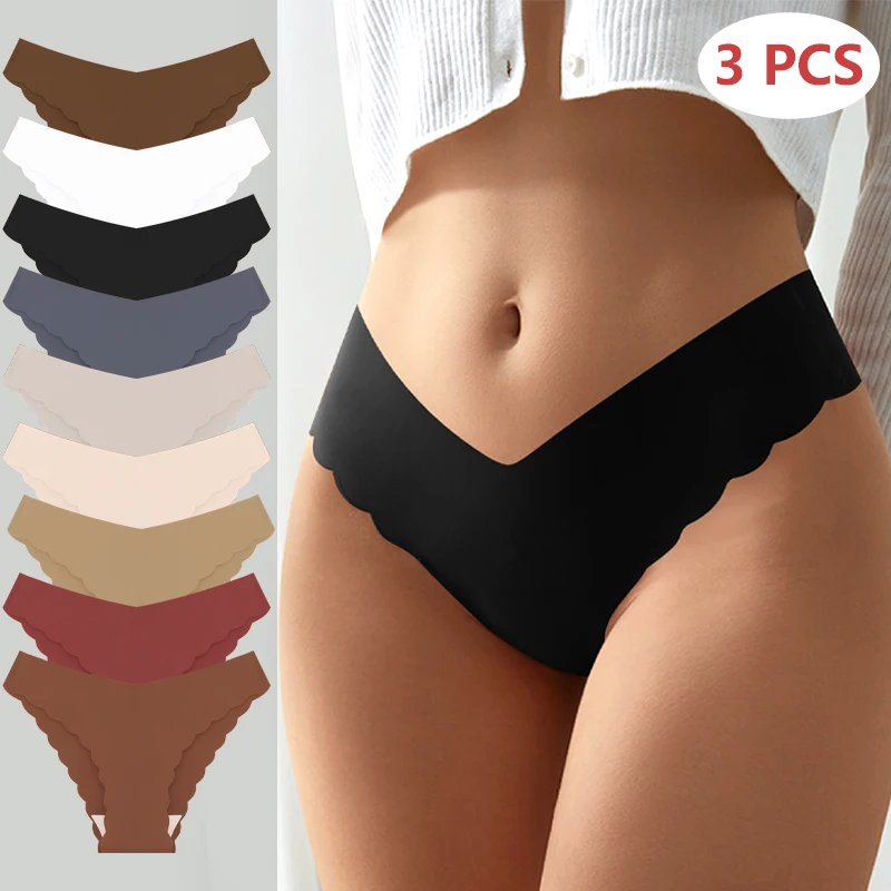 FINETOO 3Pcs Ice Silk Seamless Ruffles Underwear Women\'s Panties Sexy Low-Waist Stretch Briefs Female Soild Comfortable Lingerie