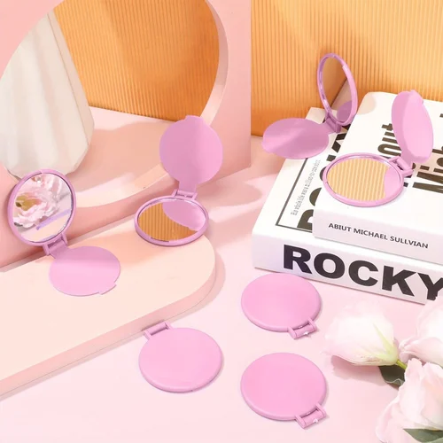 Imagen 2 del producto 20/50pcs Mini espejos de maquillaje plegables portátiles de color rosa y negro - Espejo de aseo diario de viaje para mujer, marco de plástico duradero