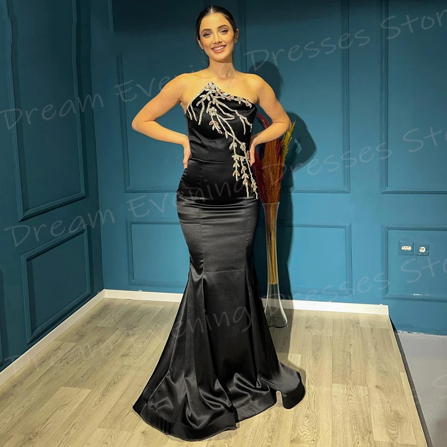 Simple Mermaid Sexy Black Women's Evening Dresses Charming Strapless Sleeveless Prom Gowns Graceful Appliques Vestido De Noche