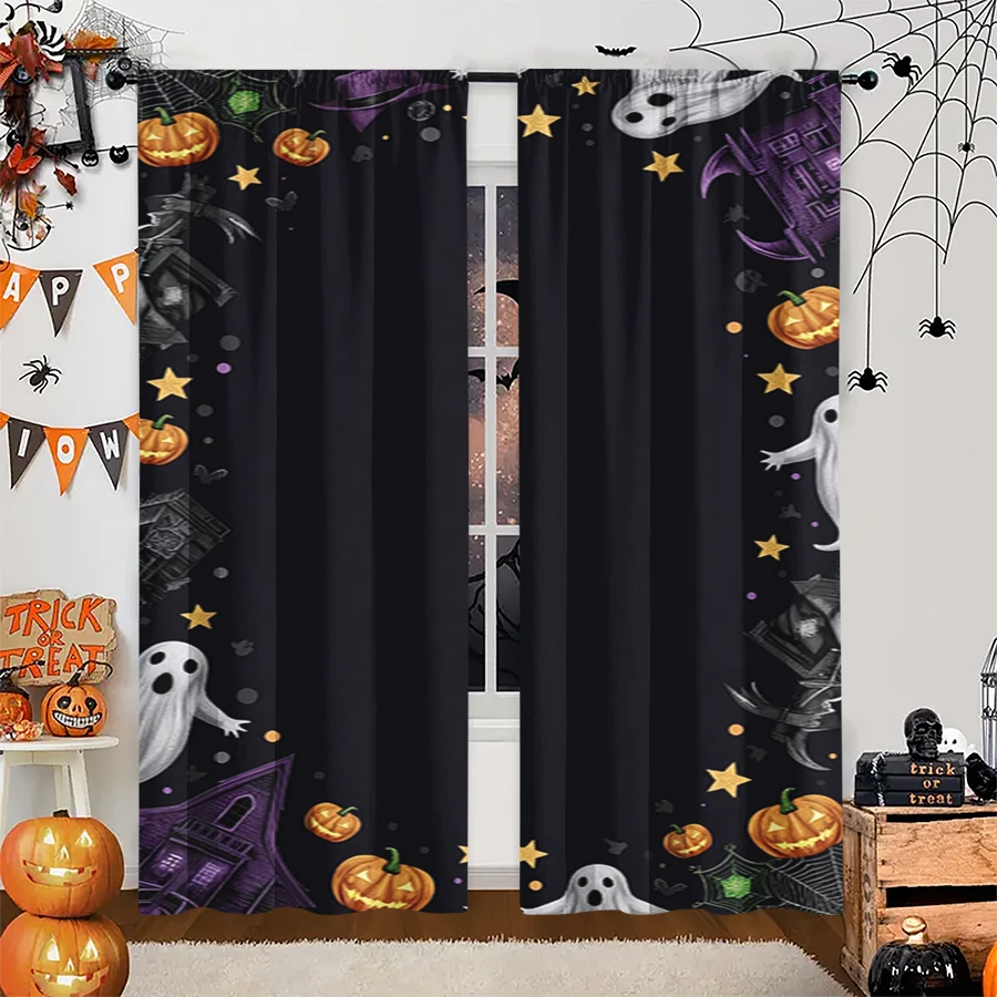 2PCS Digital Print Curtain, Border Ghost Haunted House Pumpkin Stars, Halloween Spooky Gothic for Bedroom Kitchen Decor