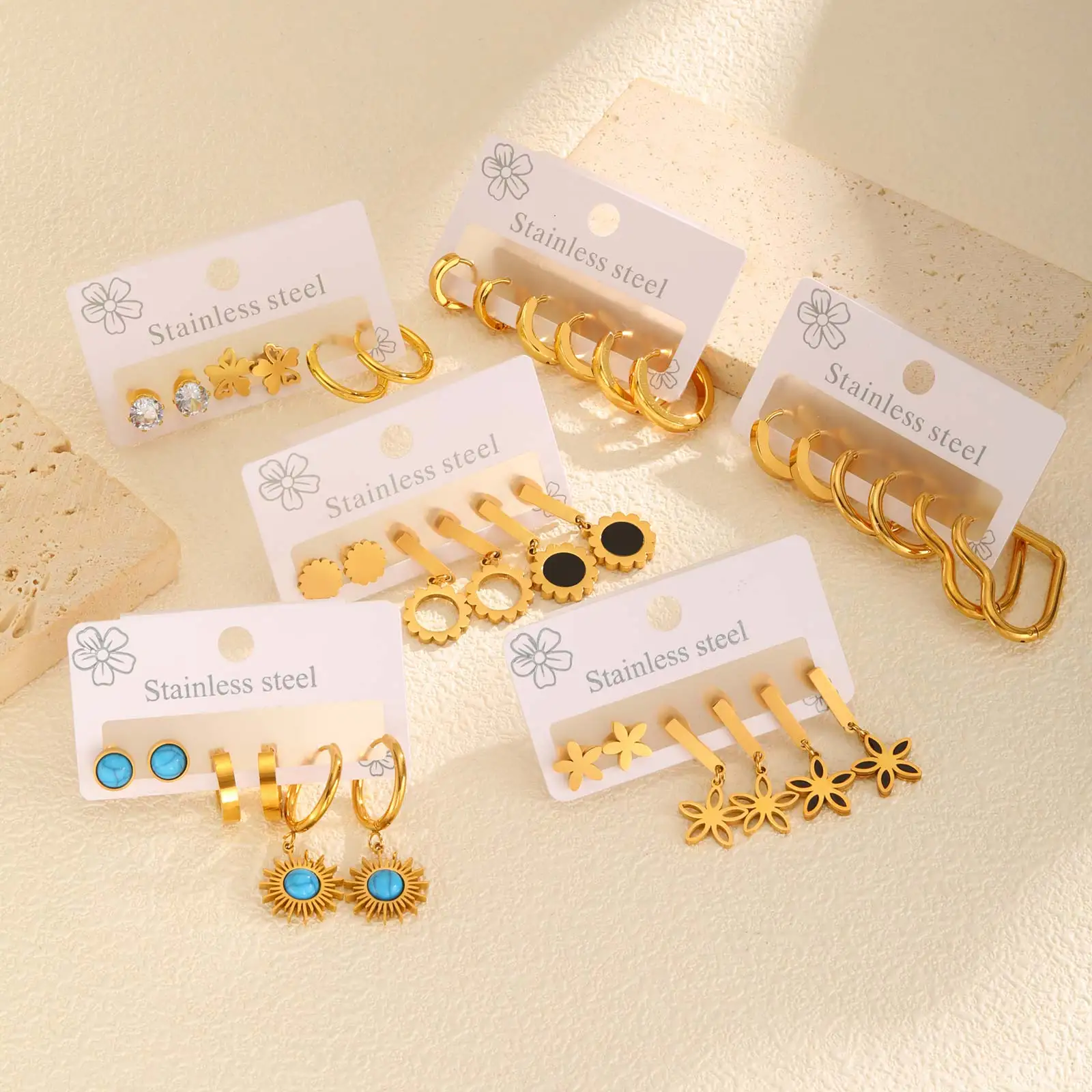 Three-piece Set of Earrings for Women, Hollow Bowknot Flower Heart Stainless Steel Stud Earrings Set Wholesale Jewelry Gift