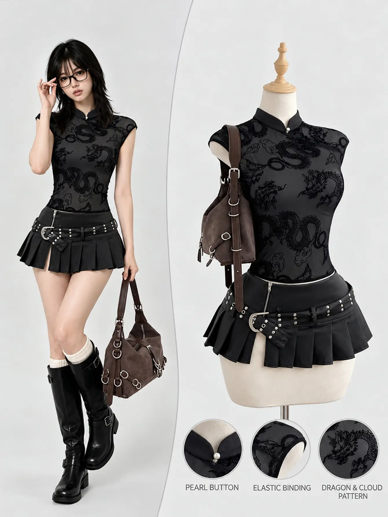 Women's Dark Grey Summer Seductive Club Grunge Punk Y2K Gothic Style Sheer Mesh Dragon Print Top, See Through Clubwear Chinese