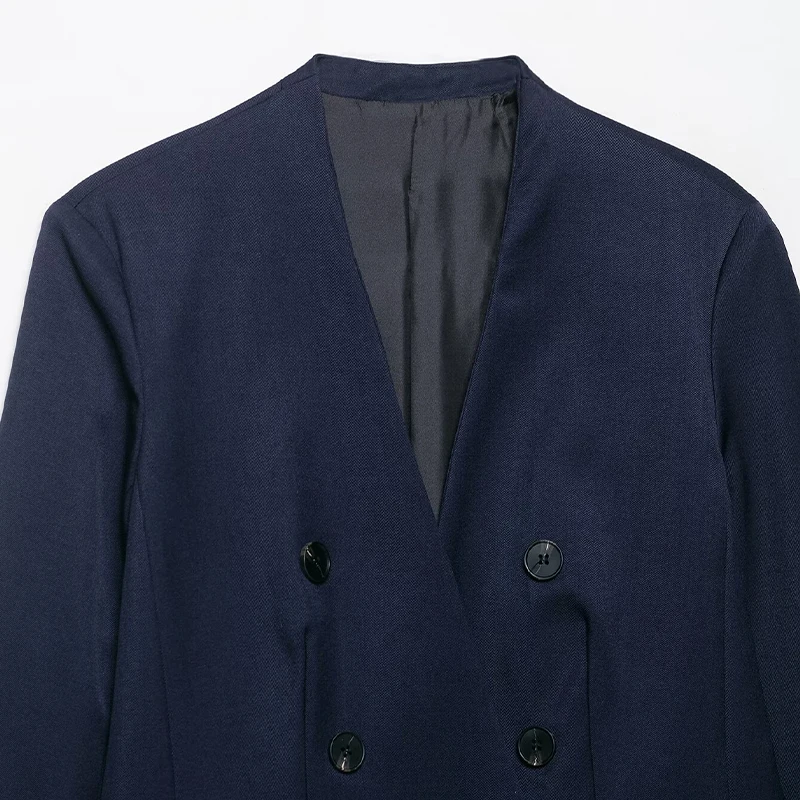 Willshela Women Fashion With Pockets Navy Blue Double Breasted Blazer Vintage Long Sleeves V-Neck Female Office Lady Outfits