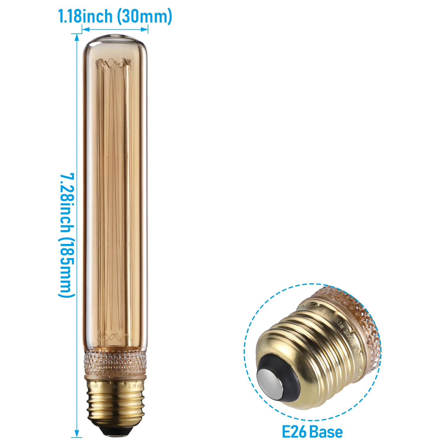 2 pack LED Tubular Decorative Light Bulb 2.3W, T10 Edison Light Bulbs, E26 Base, Dimmable Virtual Filament Vintage Edison Bulb,