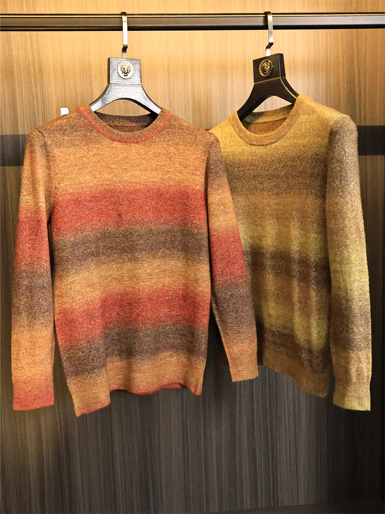 

Cus Knitted adient Mixed Fabric Men's Vintage round Ne Loose Knitwear Sweater Faionable Urban Sle Long Sve Youth