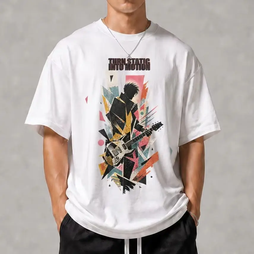 Men Turn Static Into Motion Punk Collage Graphic Print O-Neck T-shirt Oversized Short Sleeve Top Heavyweight Streetwear Tops