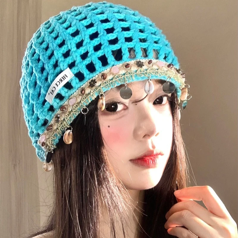 Korean Version Ins Hand-woven Shell Hollow Pullover Hat for Women Summer Niche Bohemian Knitted Hats Thin Breathable Beanie Caps
