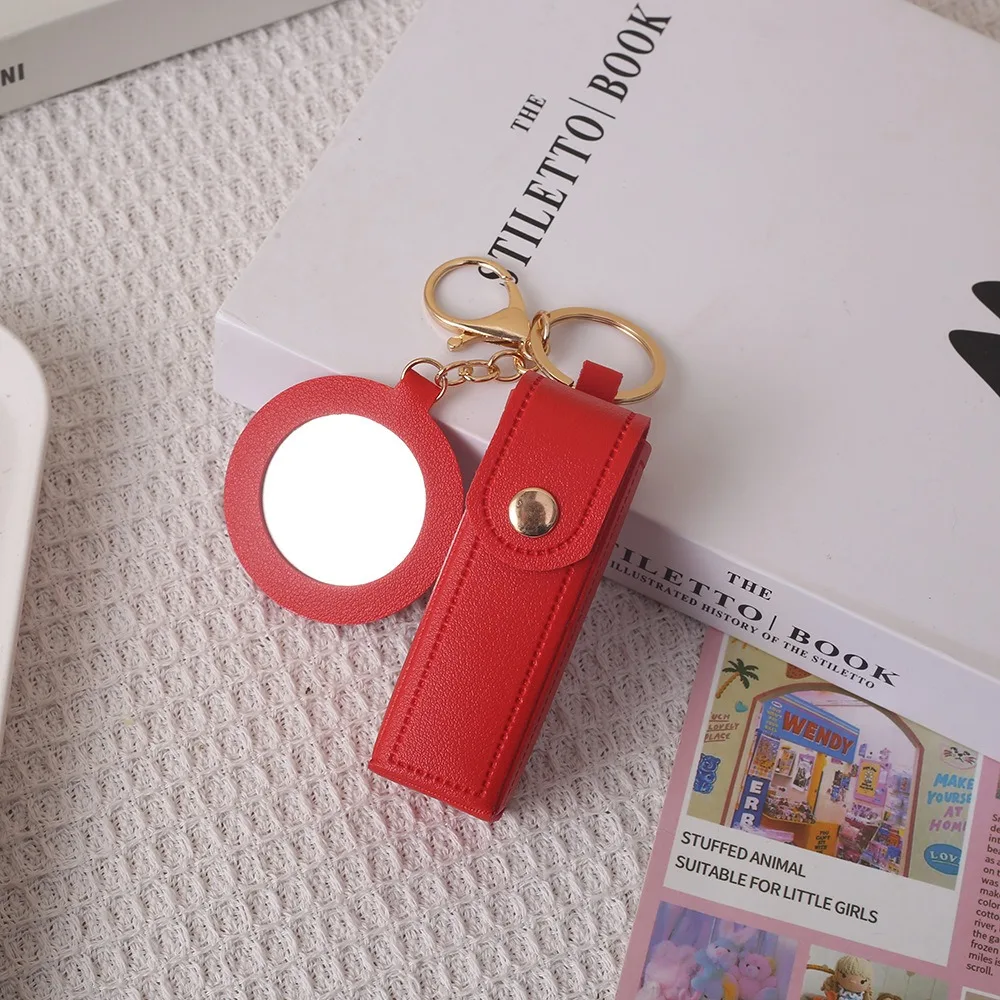 Portable PU Leather Lipstick Box, Key Chain, Detachable Mini Round Mirror, Snap on Lipstick Protective Case, Hanging Decoration view 3