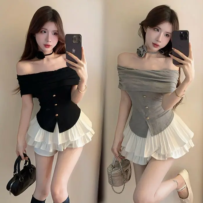 

2024 Summer New Sexy Street Style Y2K Off Shoulder Floral Halter Top and High Waist Pleated Cake Skirt Two Piece Set for Women