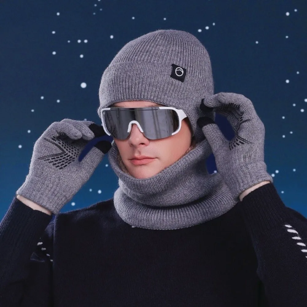 Warm Cap Winter Glove Cap Set Korean Style Neck Warmer Knitted Hat Gloves Scarf 3Pcs Set Bucket Hat Solid Beanie