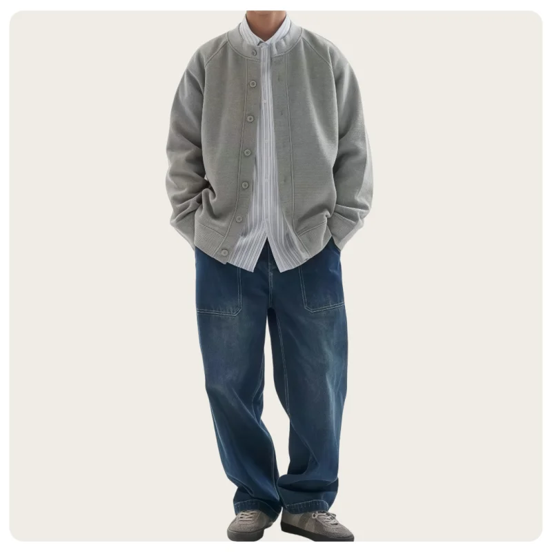Japanese Retro Style Unisex Autumn and Winter Gray and Black Waffle Pattern Loose Sweatshirt Cardigan with One Row of Buttons