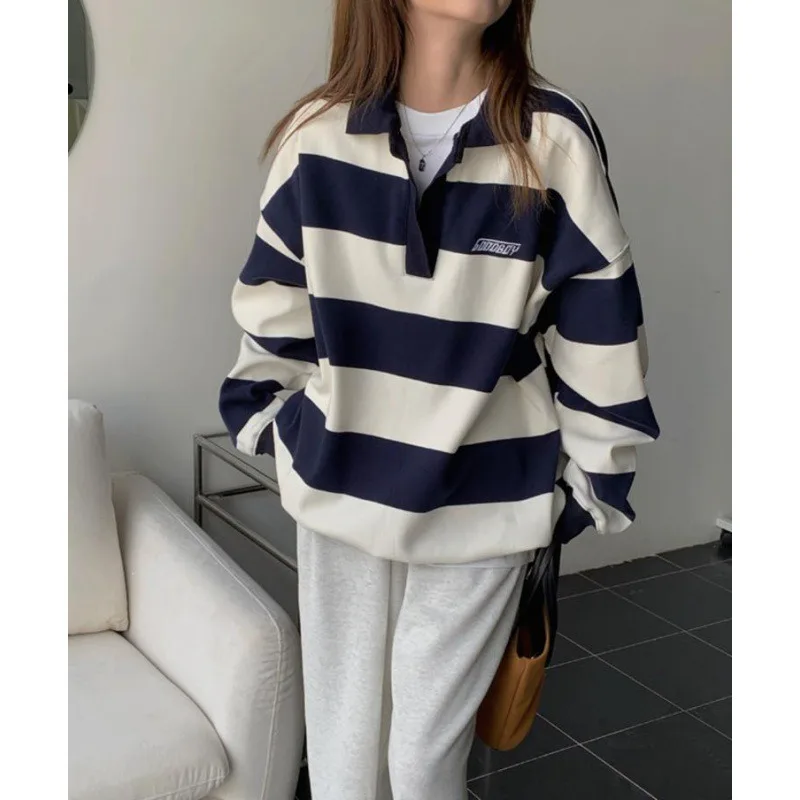 Vintage Women Striped Sweatshirts Korean Style Harajuku Preppy Casual Female V Neck Polo Pullovers Streetwear Loose Kpop Tops