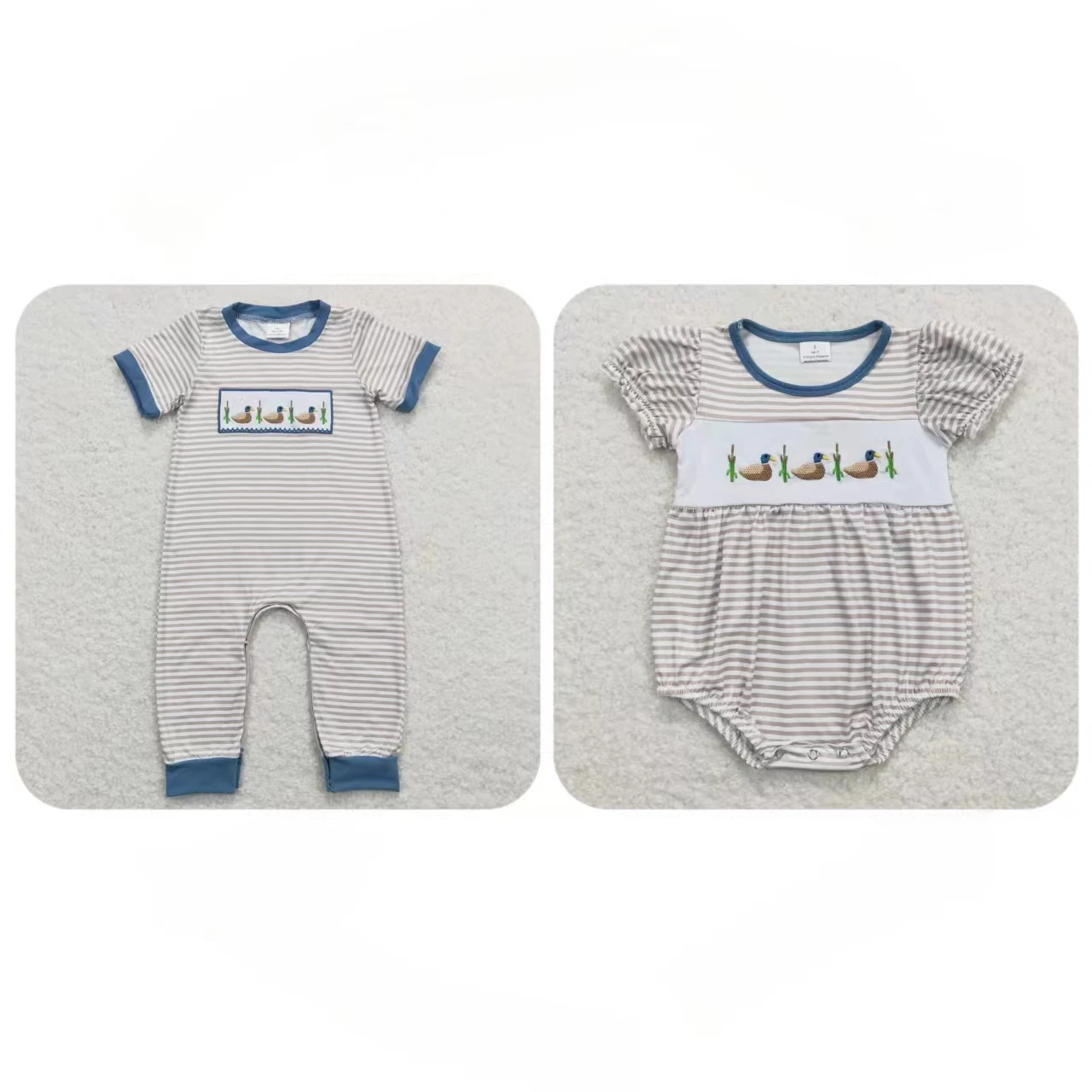 

Wholesale Newborn Coverall Bodysuit Kids Short Sleeves Buttons One-piece Baby Boy Girl Toddler Embroidery Ducks Stripes Romper