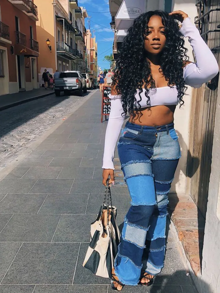

Plus Size Women's Patchwork Flared Denim Jeans Trendy Color- Block Design With Distressed Detailing High Waist Stretch Trousers