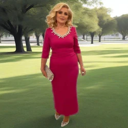 Fuchsia Mother of the Bride Dresses for Wedding Crystal V Neck Column  Guest Gowns Midi 3/4 Sleeves Women's Evening Dress
