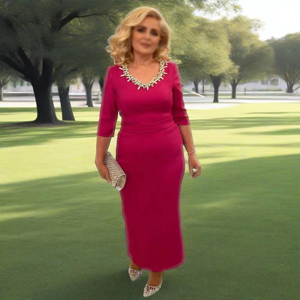 Fuchsia Mother of the Bride Dresses for Wedding Crystal V Neck Column  Guest Gowns Midi 3/4 Sleeves Women's Evening Dress