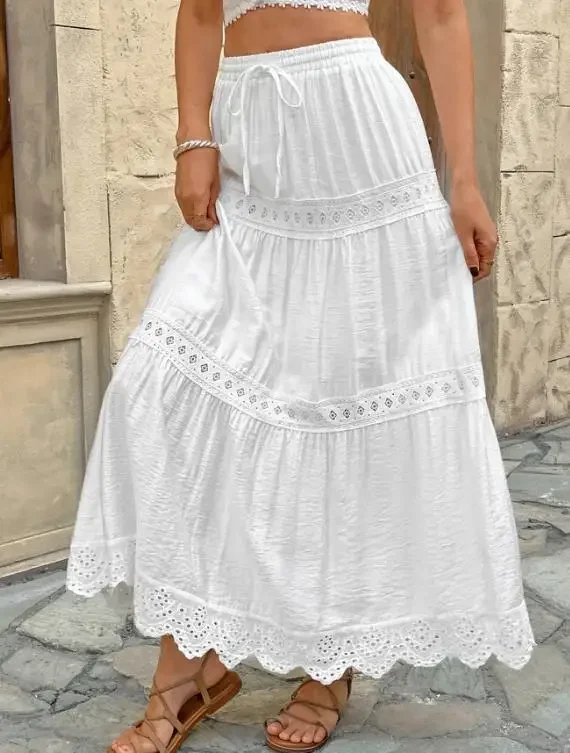

Skirts 2026 Fashion Female Daily Clothing Summer New Fresh Vacation Style Long Dress Women's Casual Lace Splicing White Skirt